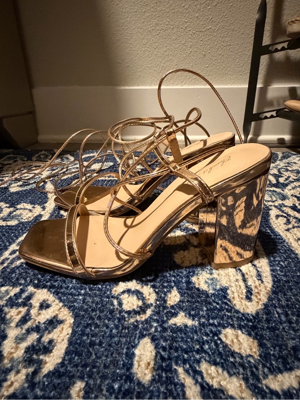 Strappy Metallic Rose Gold Block Heel Sandals